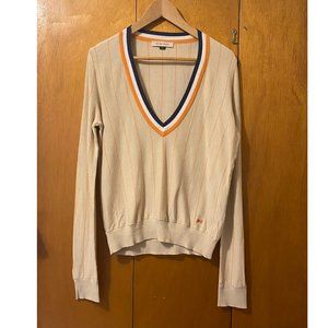See By Chloe Cream V-Neck Sweater with Orange and Blue Trim